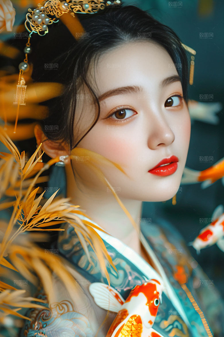 锦鲤汉服美女古风唯美素材