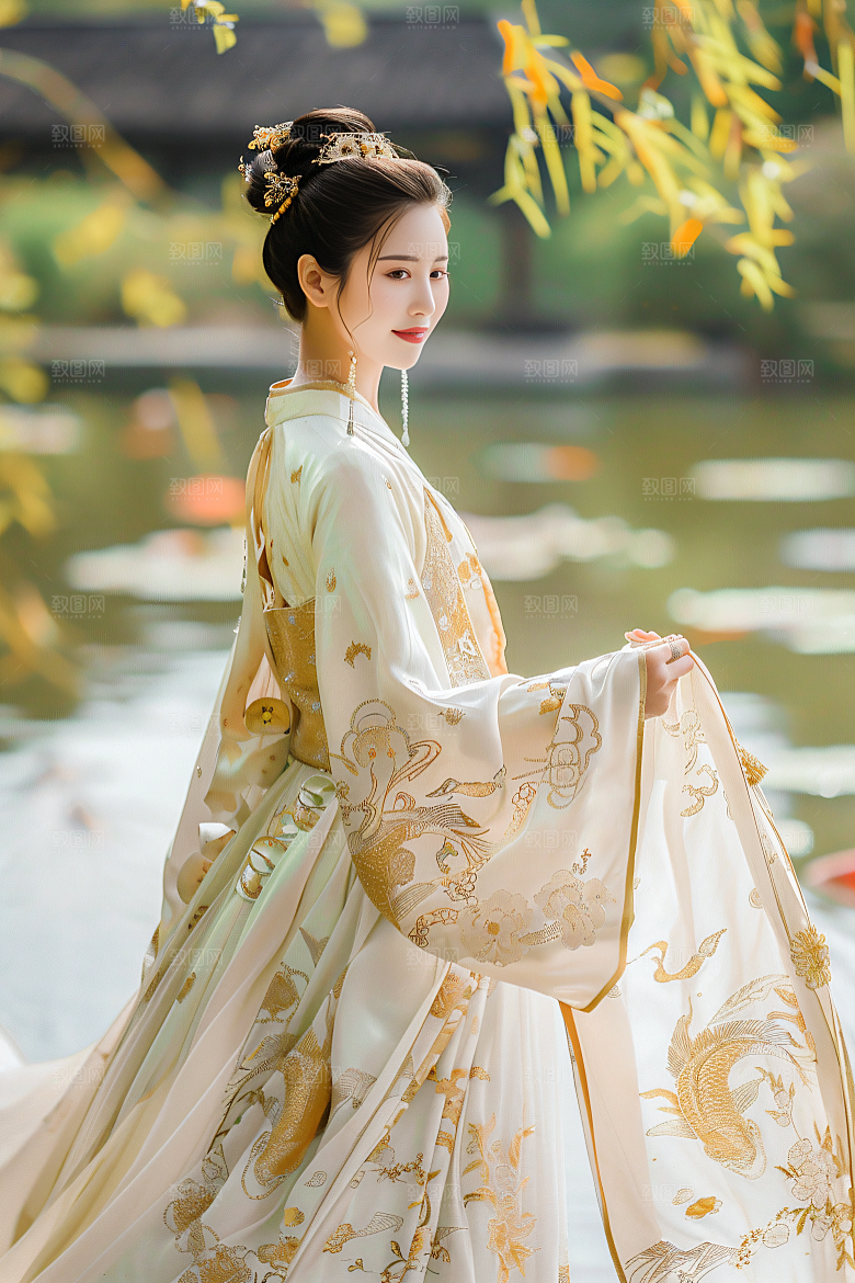 锦鲤汉服美女传统唯美素材