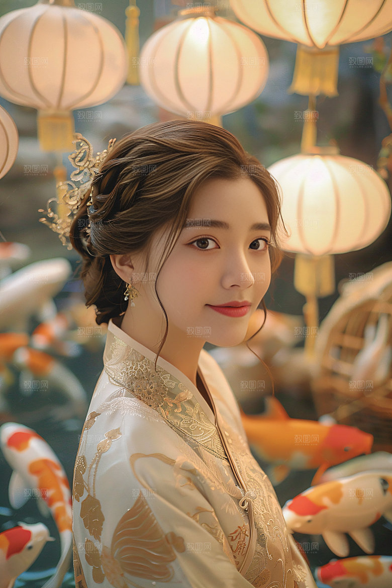 锦鲤汉服美女吉祥中国风素材
