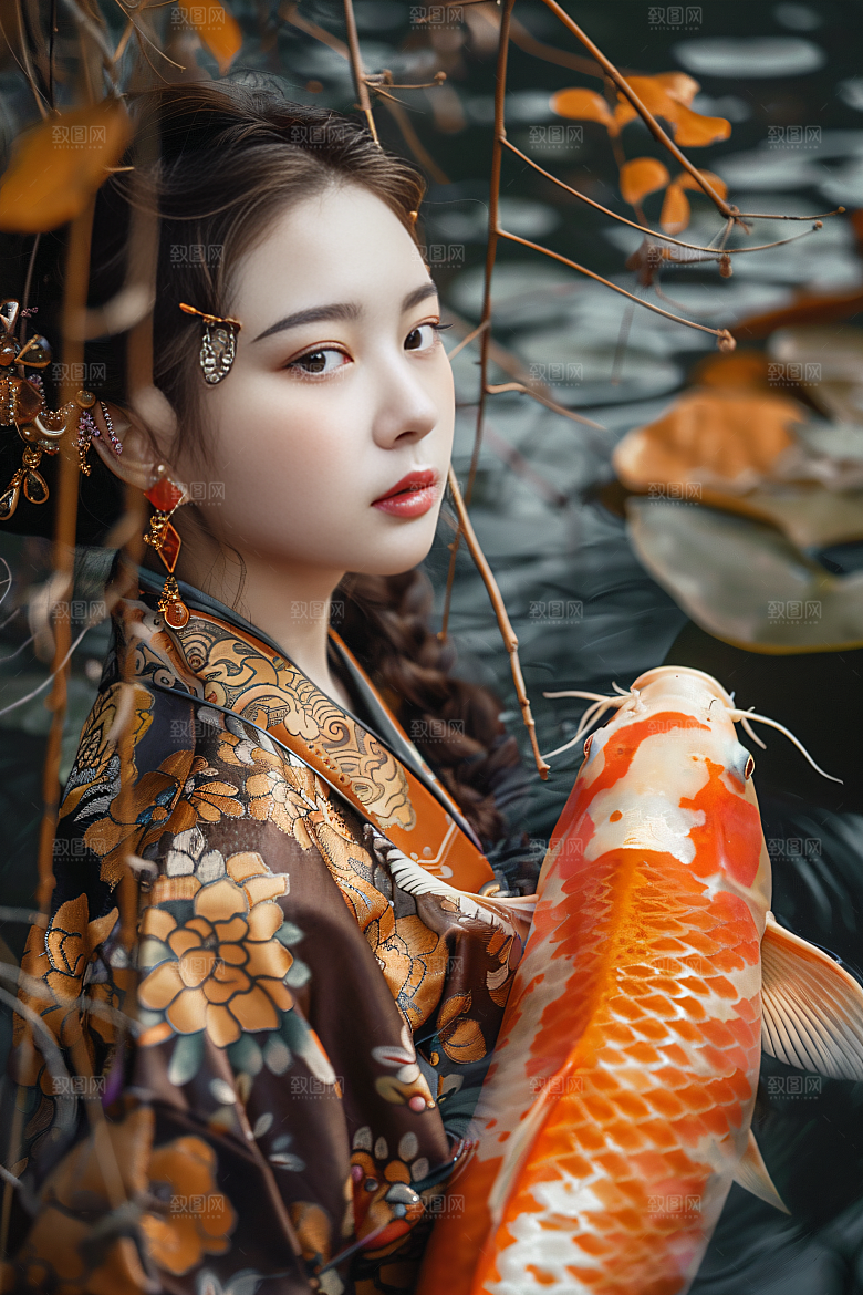 锦鲤汉服美女古风吉祥素材