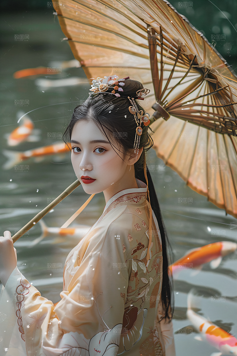 锦鲤汉服美女吉祥优雅素材
