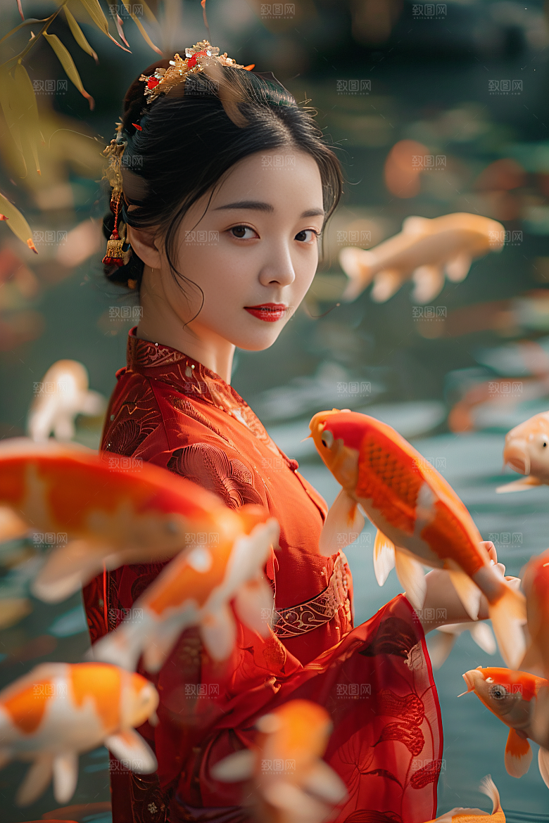 锦鲤汉服美女人像优雅素材