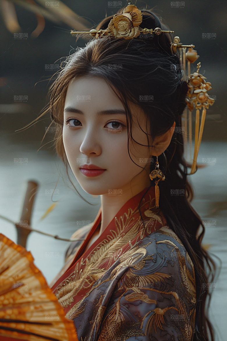 锦鲤汉服美女吉祥金鱼素材