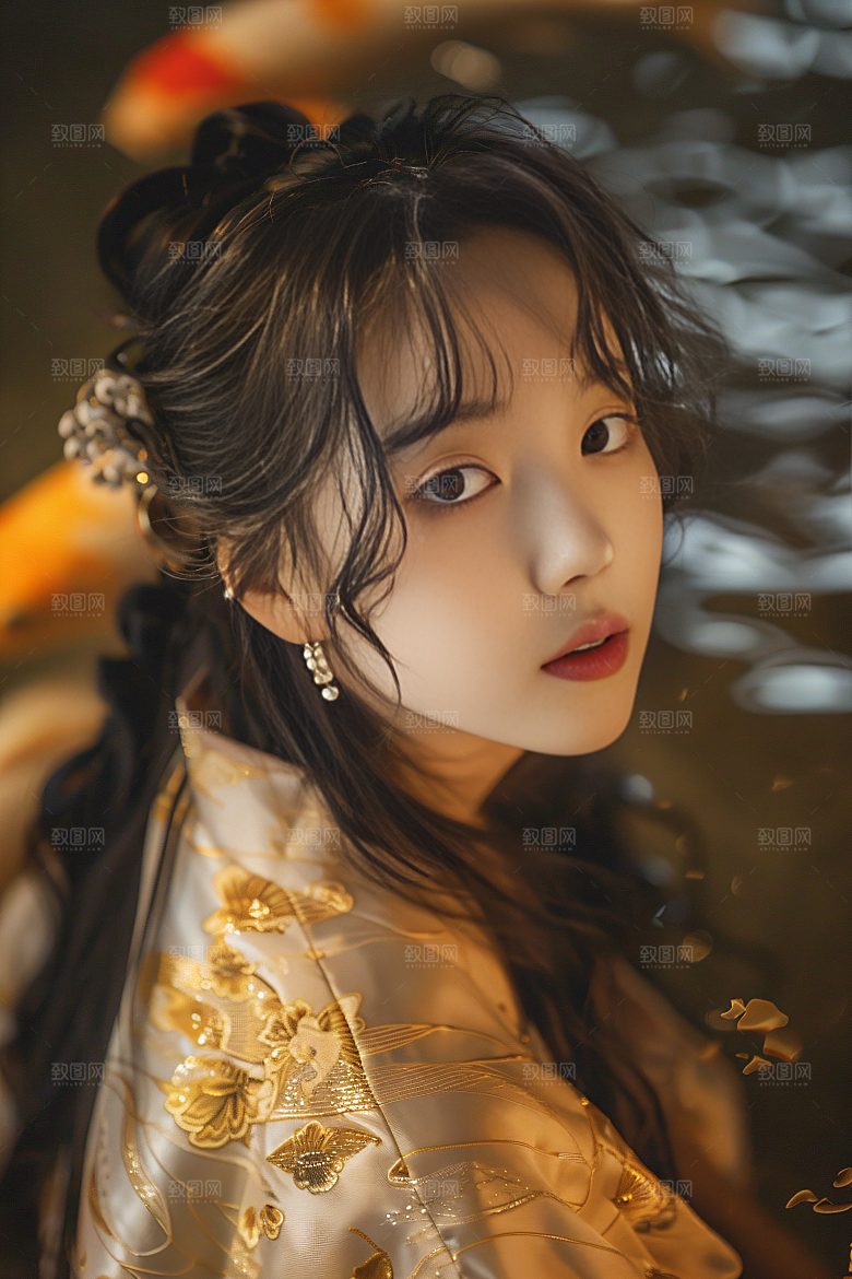 锦鲤汉服美女唯美古风素材