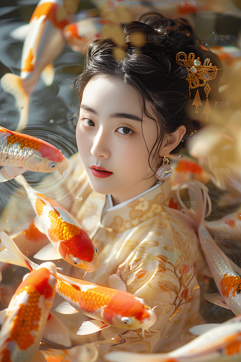 锦鲤汉服美女精致优雅素材