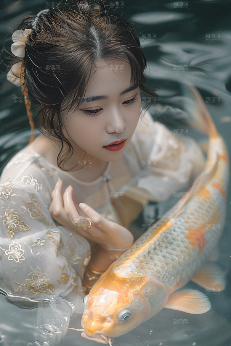 锦鲤汉服美女金鱼精致素材