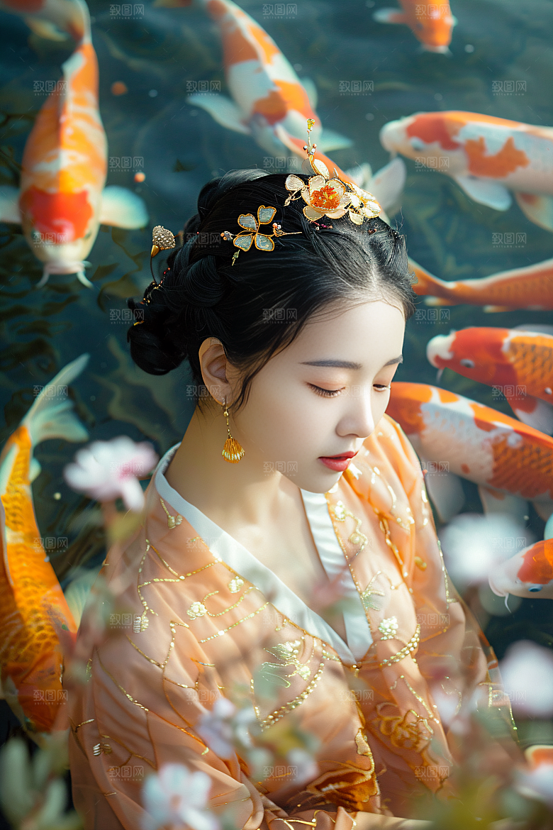锦鲤汉服美女传统唯美素材