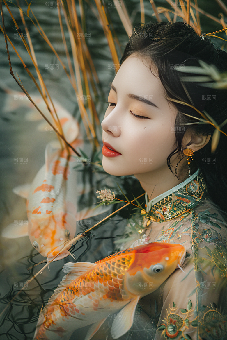 锦鲤汉服美女吉祥中国风素材
