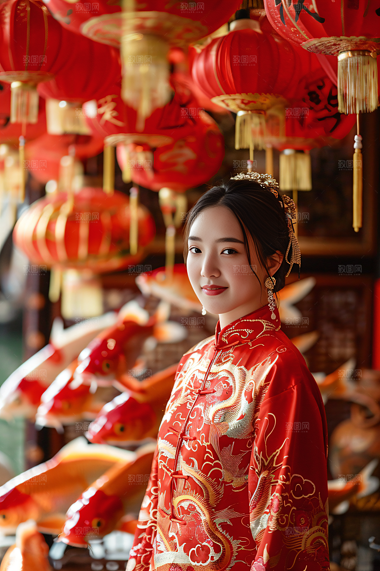 锦鲤汉服美女吉祥精致素材