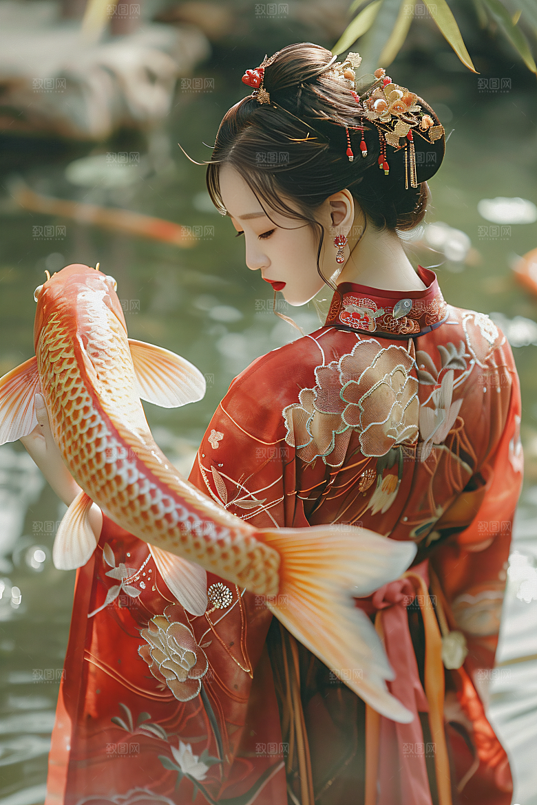 锦鲤汉服美女古风中国风素材