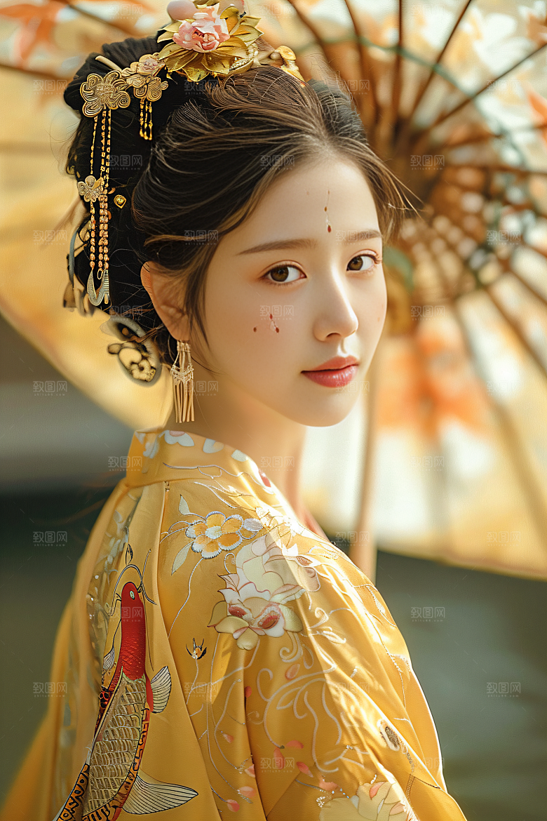 锦鲤汉服美女唯美传统素材