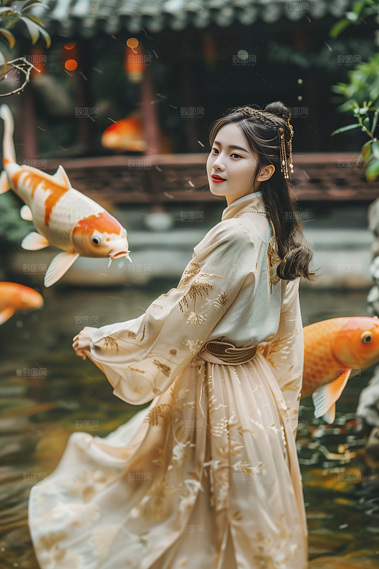 锦鲤汉服美女人像传统素材