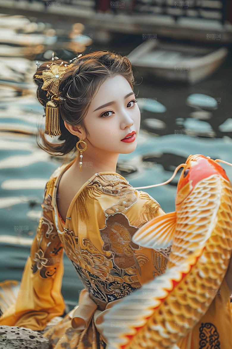 锦鲤汉服美女唯美肖像素材