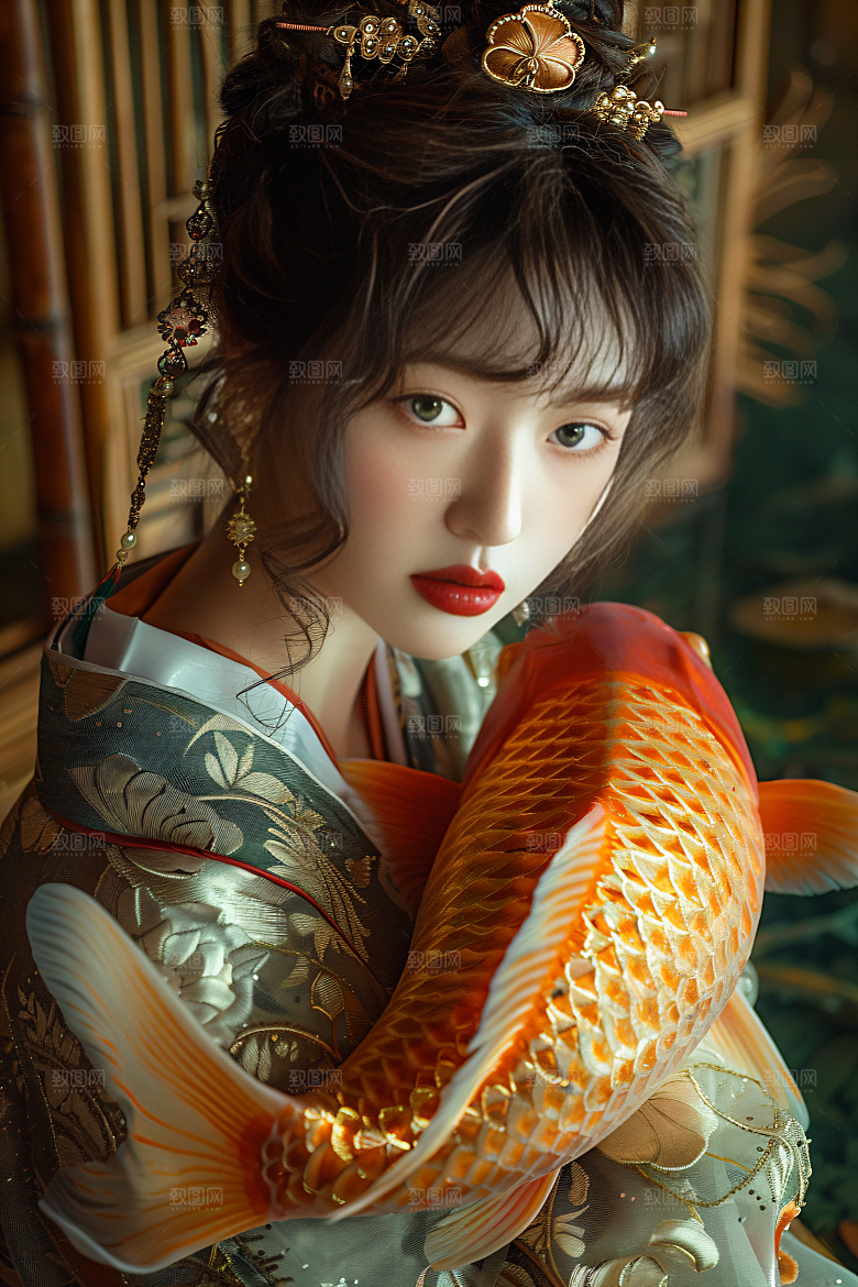 锦鲤汉服美女古风优雅素材
