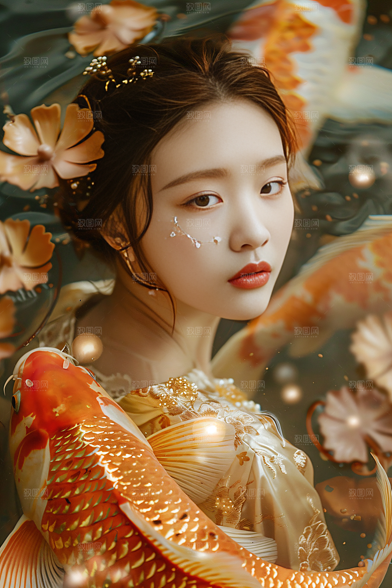 锦鲤汉服美女中国风肖像素材
