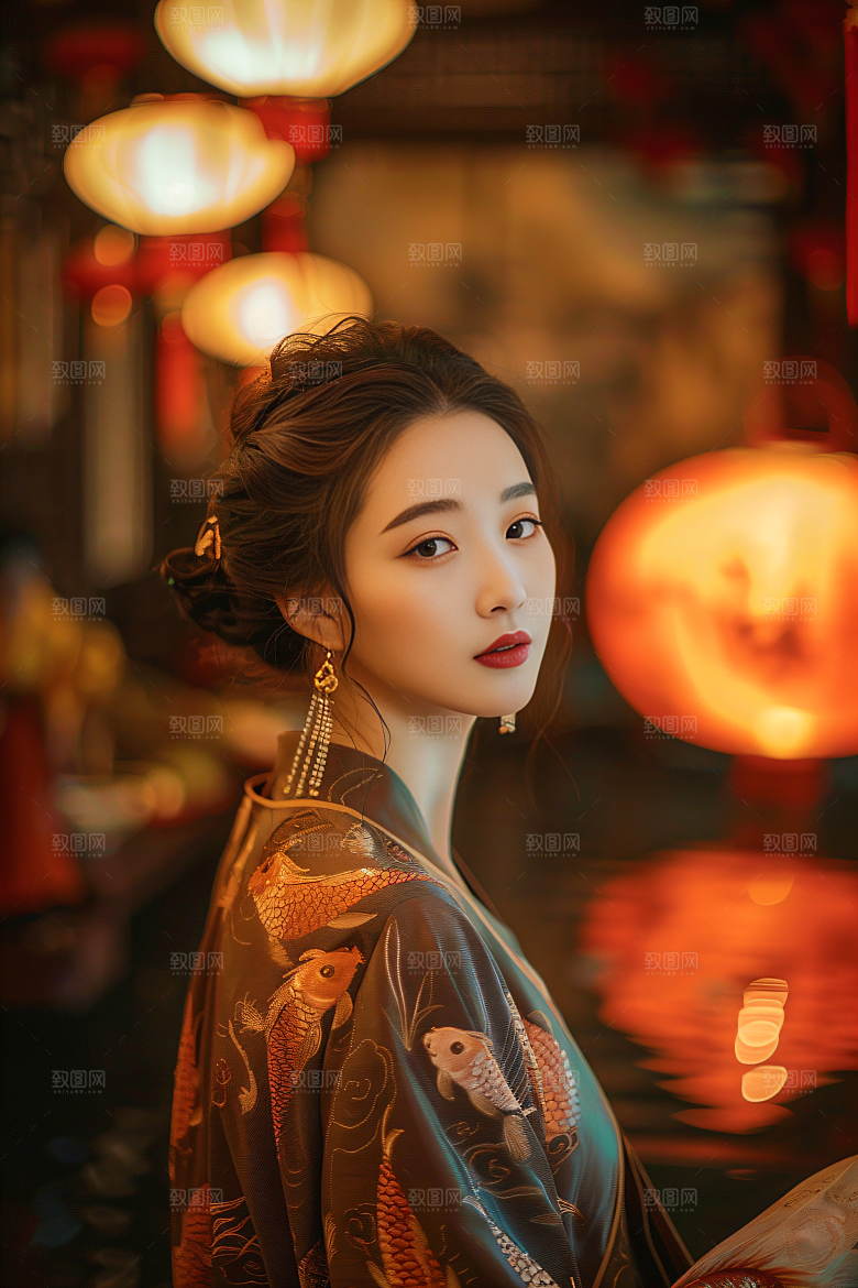 锦鲤汉服美女优雅肖像素材