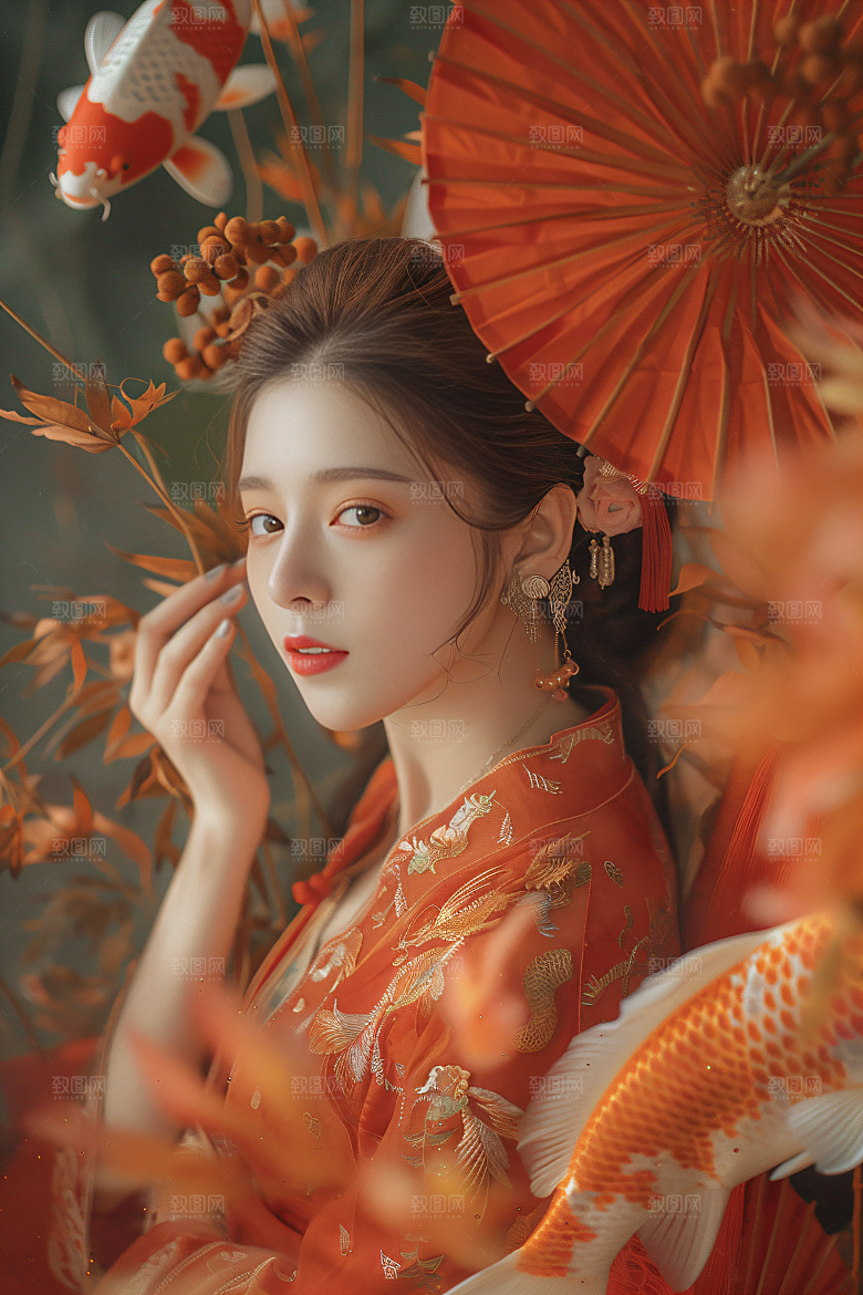 锦鲤汉服美女古风金鱼素材