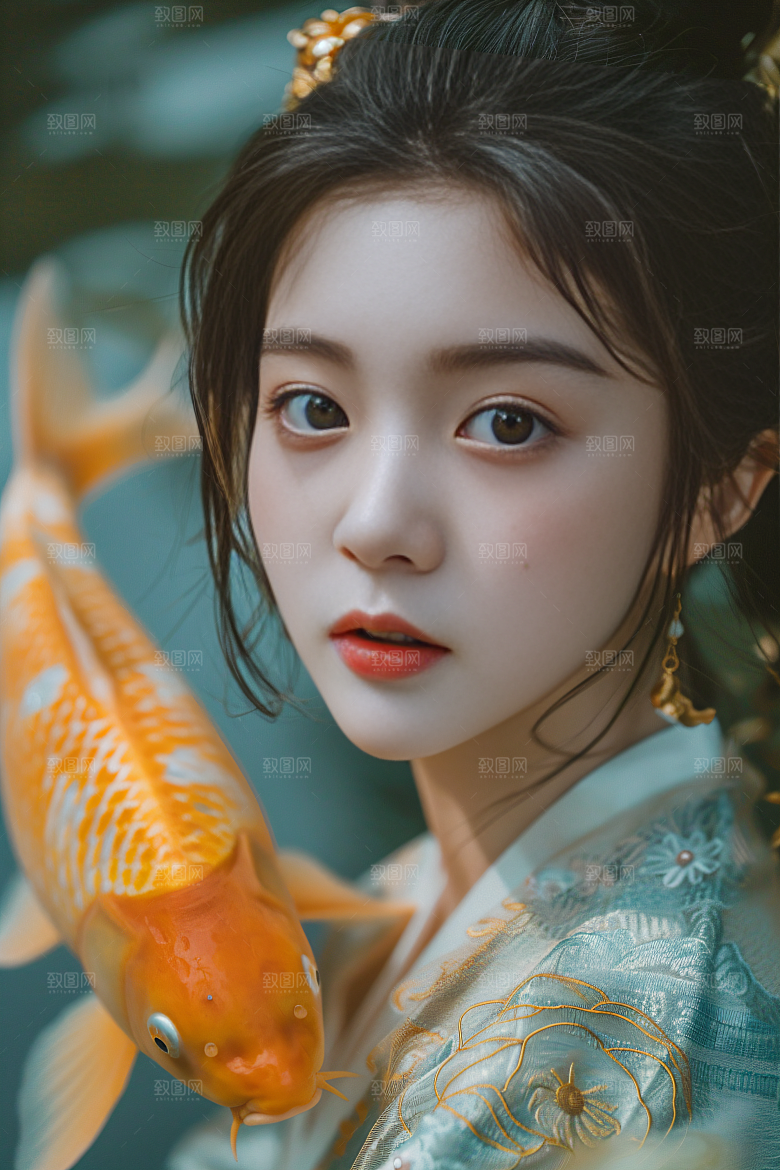 锦鲤汉服美女金鱼肖像素材
