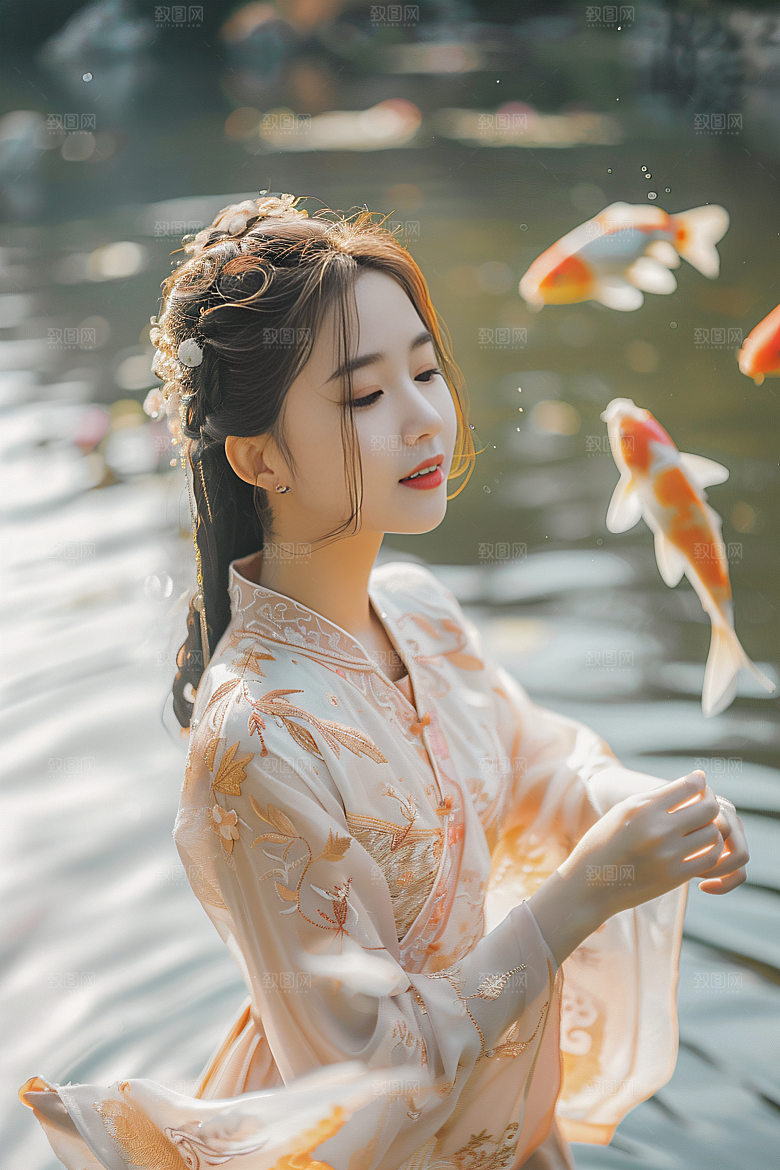 锦鲤汉服美女肖像唯美素材