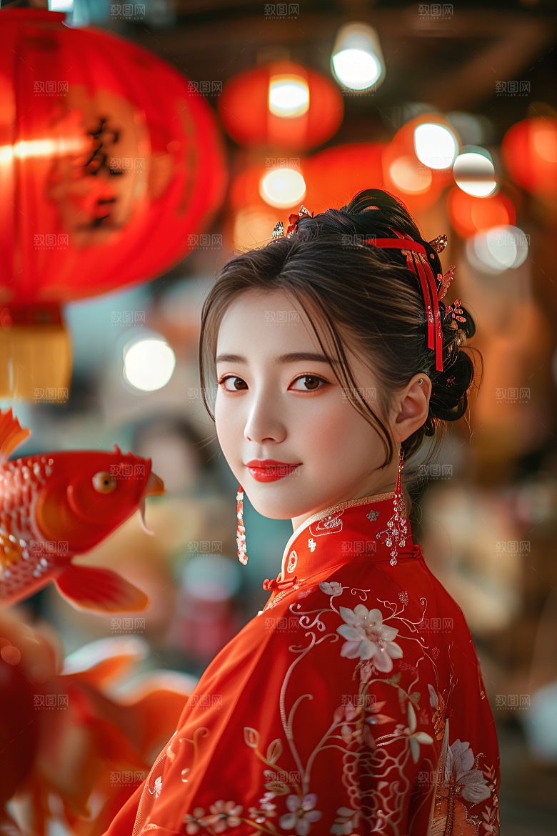 锦鲤汉服美女传统古风素材