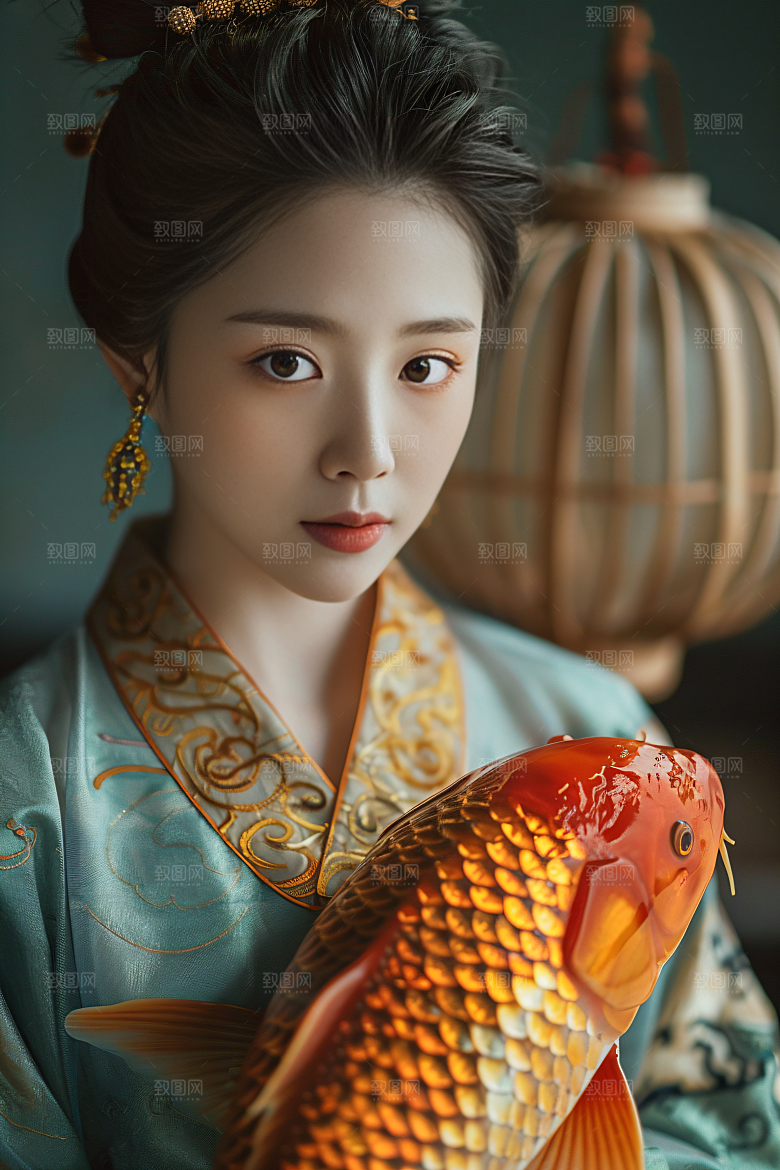 锦鲤汉服美女古风肖像素材