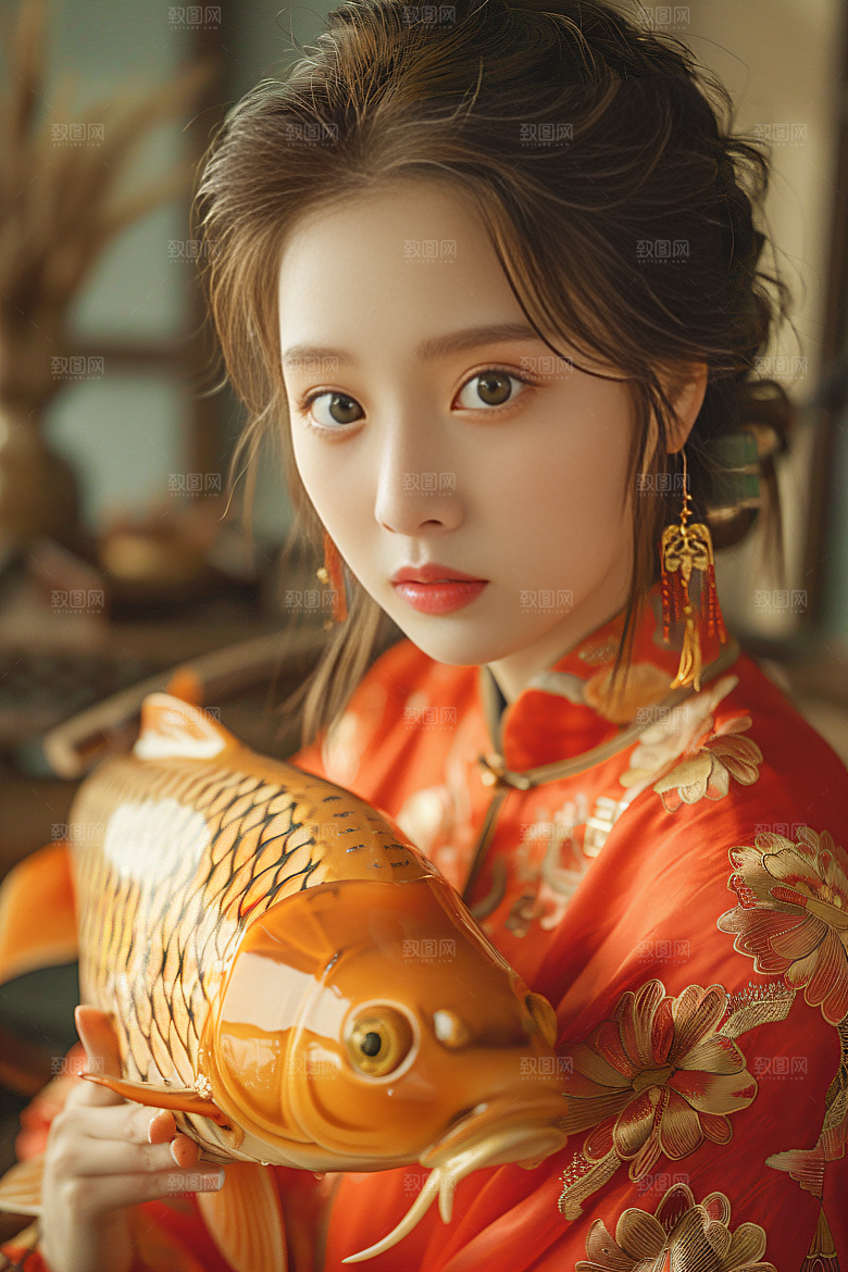 锦鲤汉服美女古风精致素材