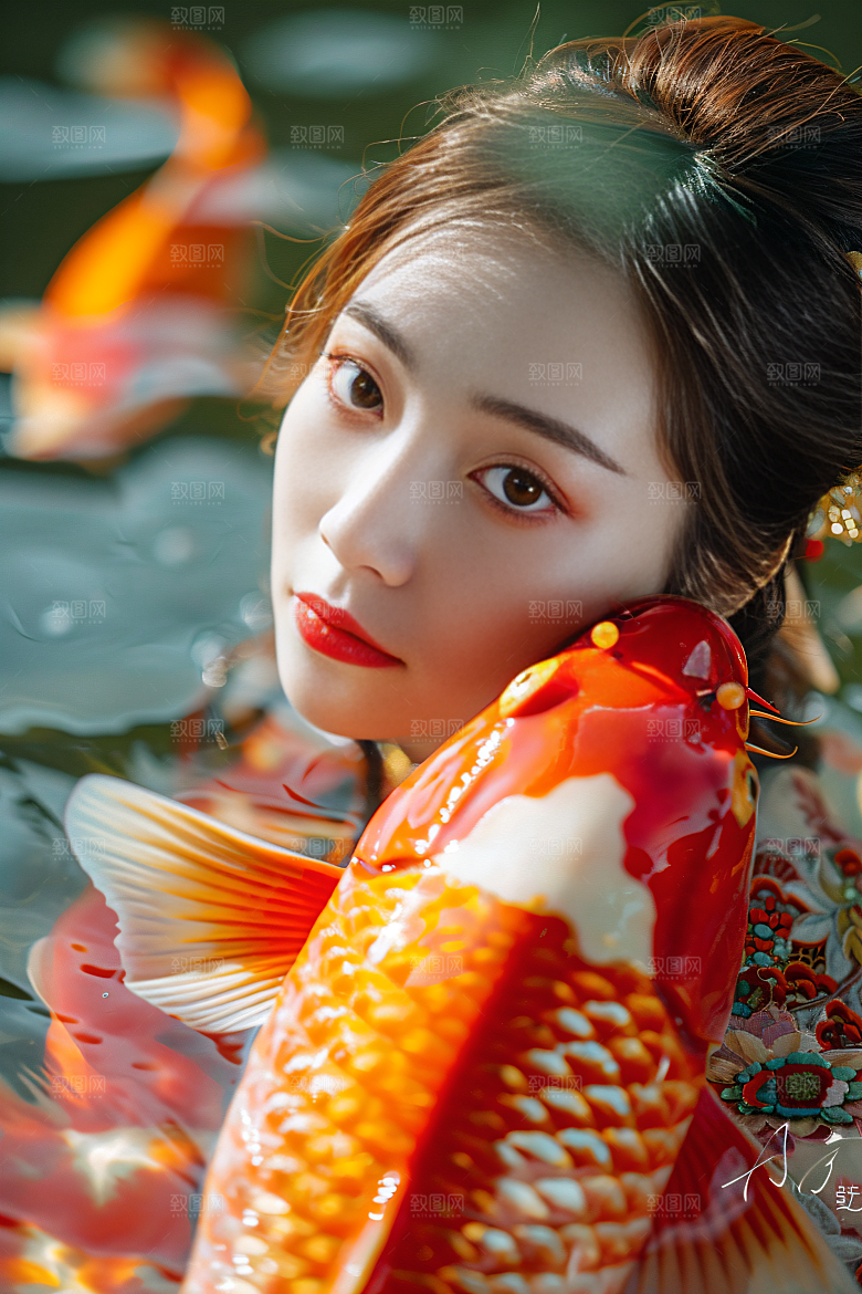 锦鲤汉服美女唯美传统素材
