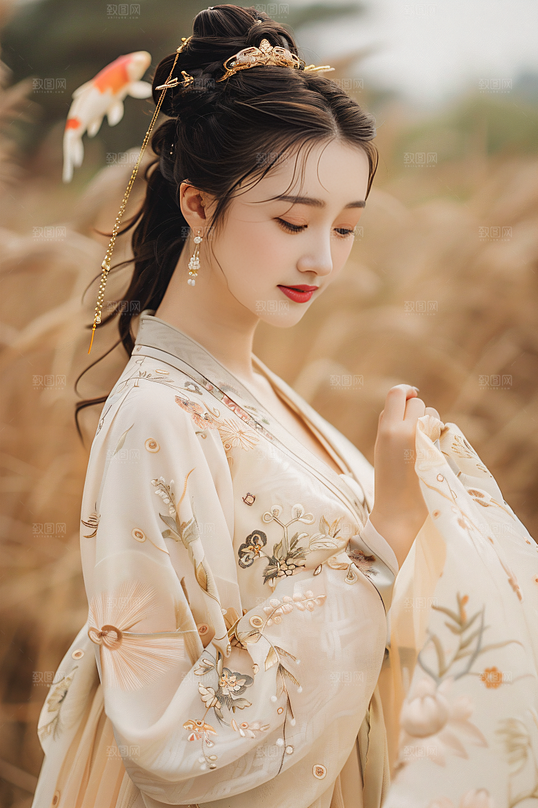 锦鲤汉服美女唯美吉祥素材