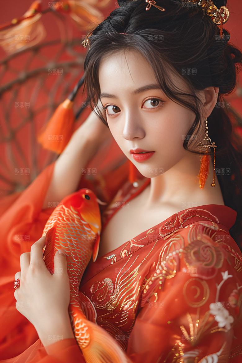锦鲤汉服美女吉祥肖像素材