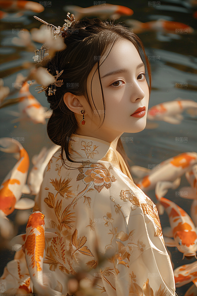 锦鲤汉服美女唯美金鱼素材