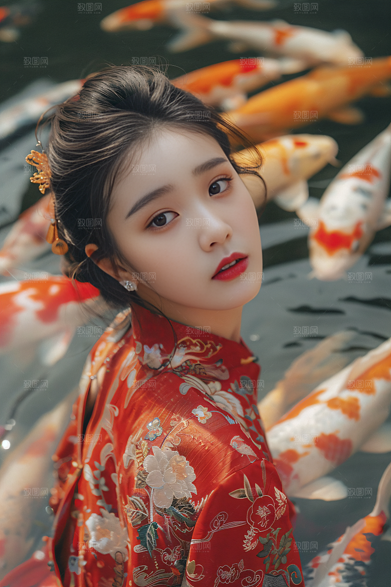 锦鲤汉服美女精致优雅素材