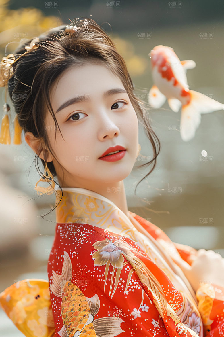 锦鲤汉服美女中国风优雅素材