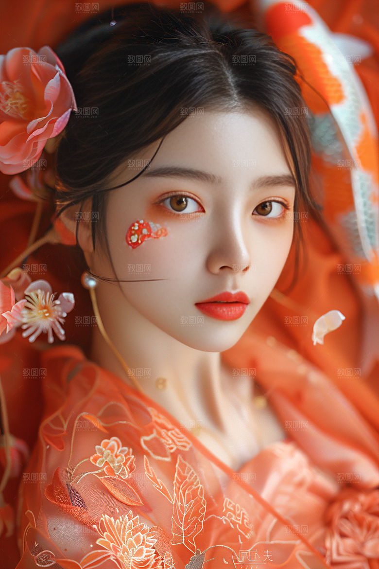 锦鲤汉服美女古风精致素材