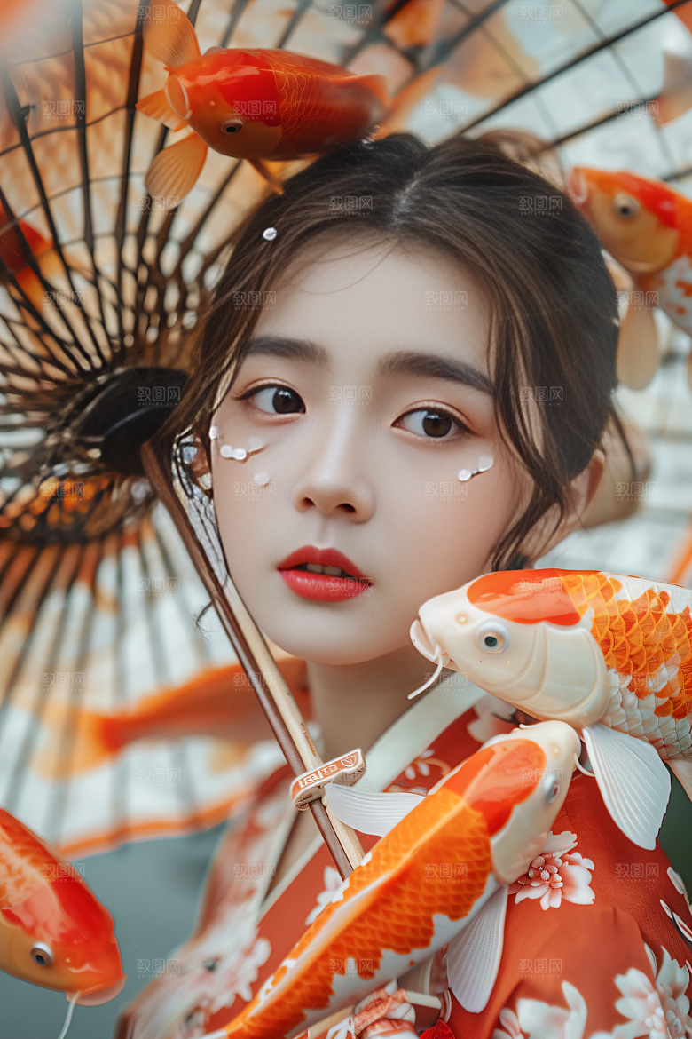 锦鲤汉服美女古风优雅素材