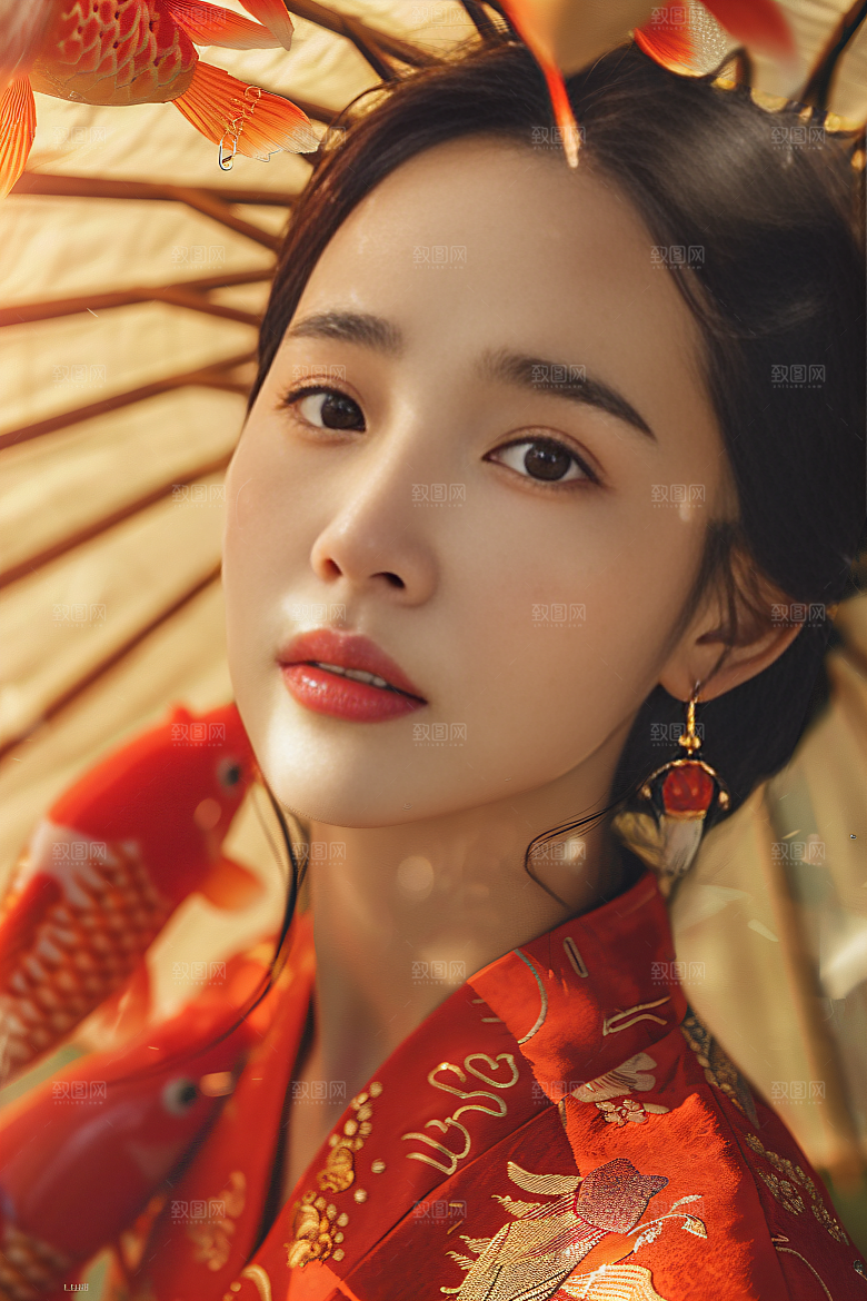 锦鲤汉服美女唯美金鱼素材