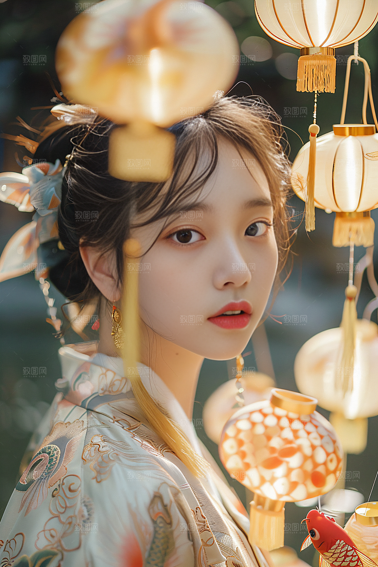 锦鲤汉服美女传统吉祥素材