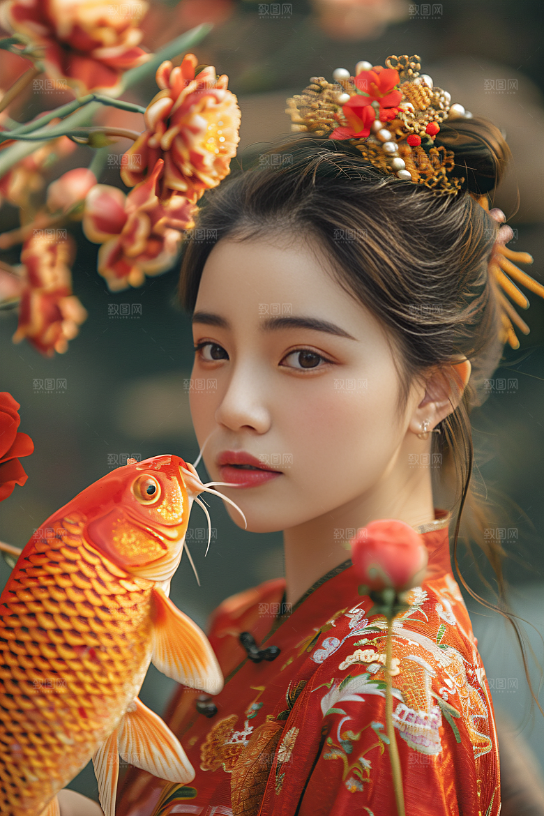 锦鲤汉服美女中国风唯美素材