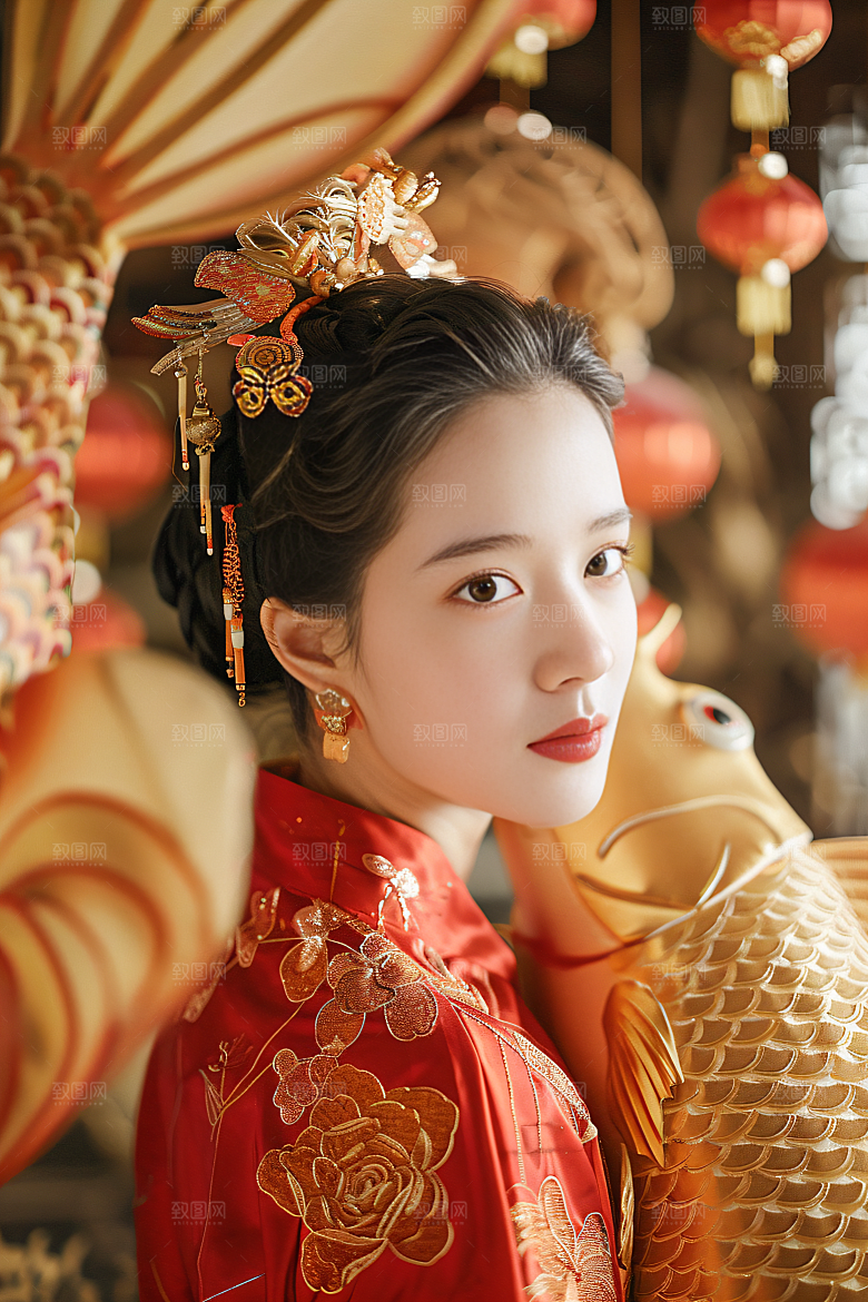 锦鲤汉服美女中国风优雅素材
