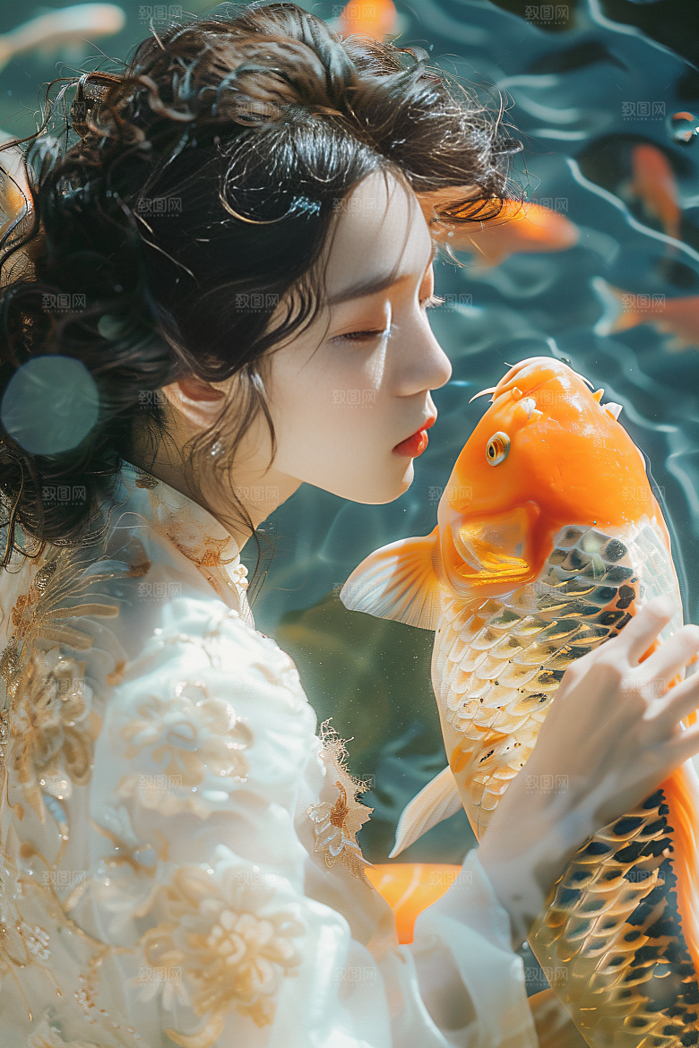 锦鲤汉服美女精致唯美素材