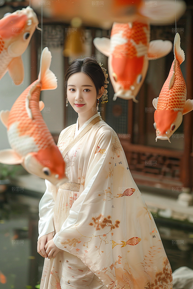 锦鲤汉服美女中国风优雅素材