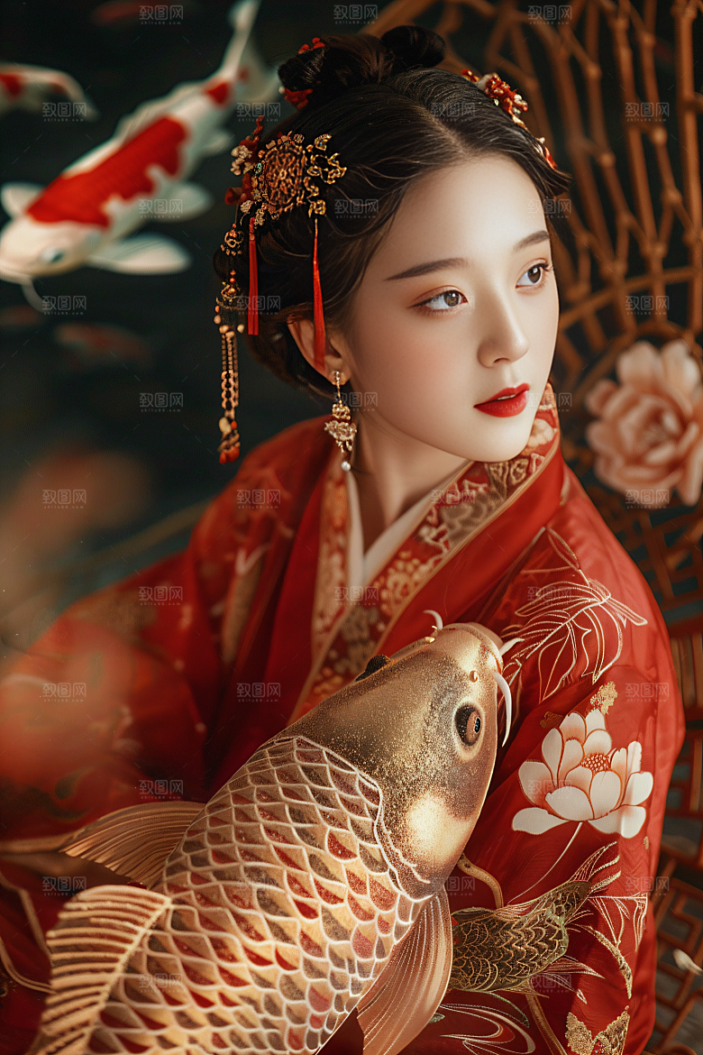 锦鲤汉服美女人像金鱼素材
