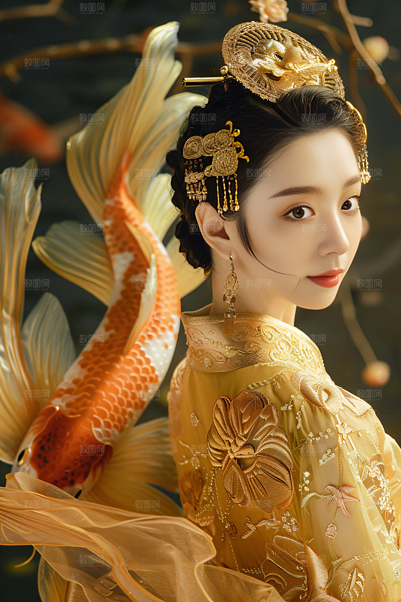 锦鲤汉服美女金鱼吉祥素材