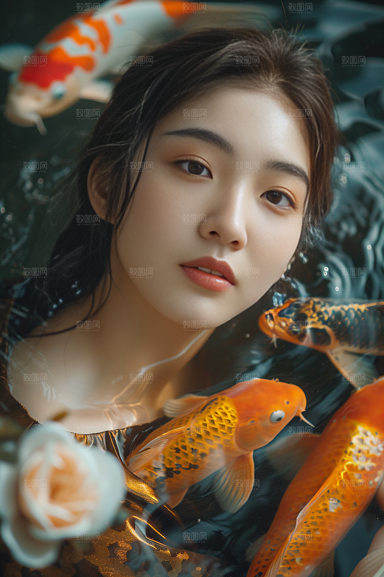 锦鲤汉服美女古风中国风素材