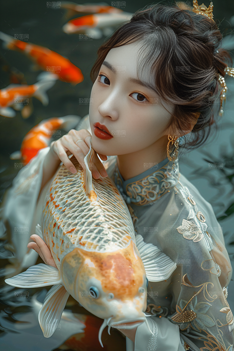 锦鲤汉服美女古风优雅素材