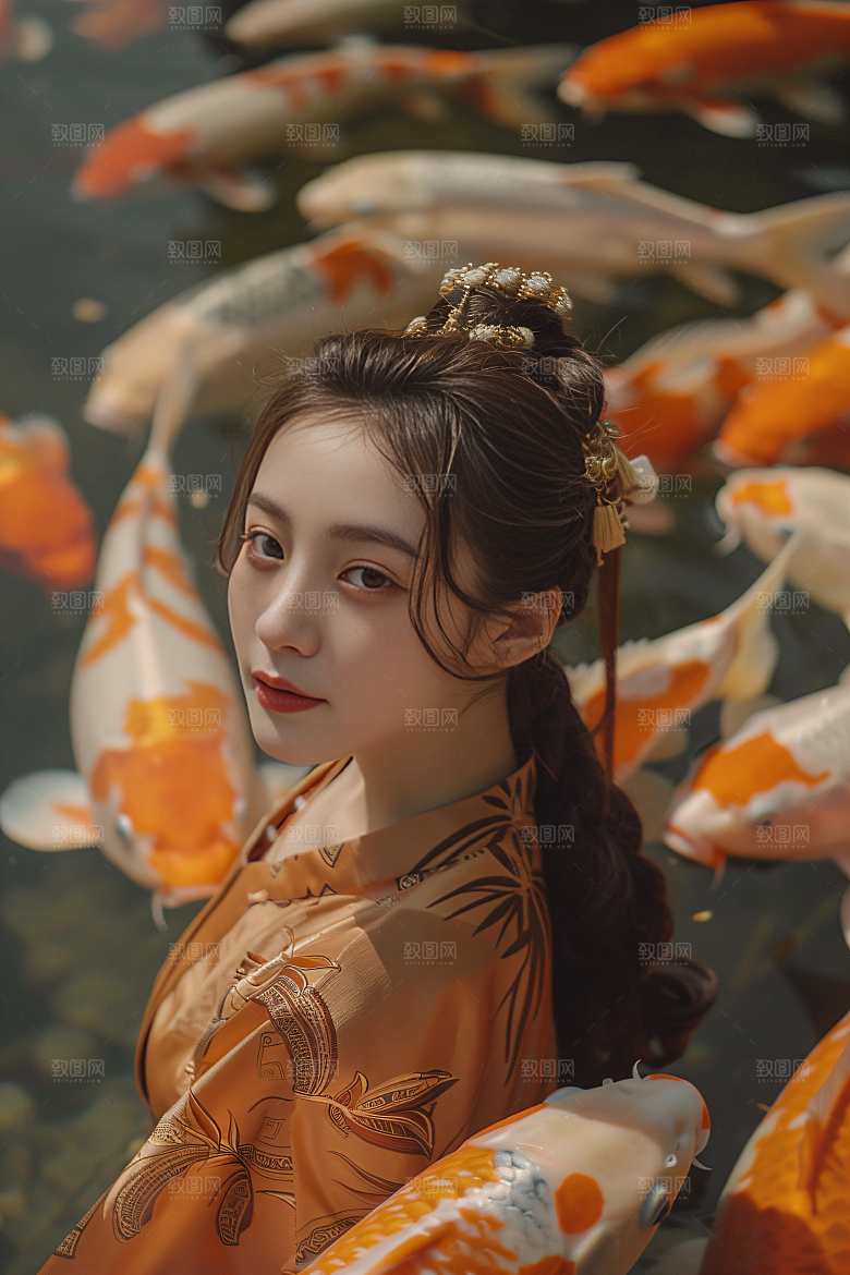 锦鲤汉服美女优雅精致素材