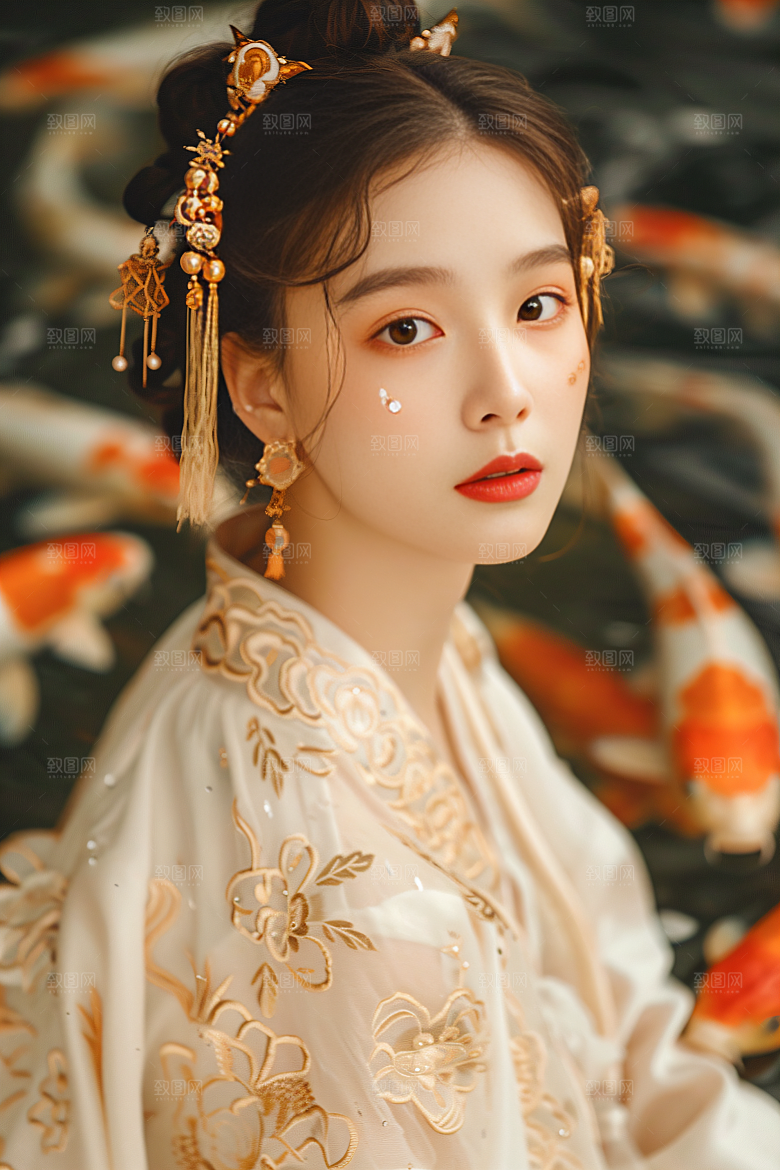 锦鲤汉服美女吉祥中国风素材
