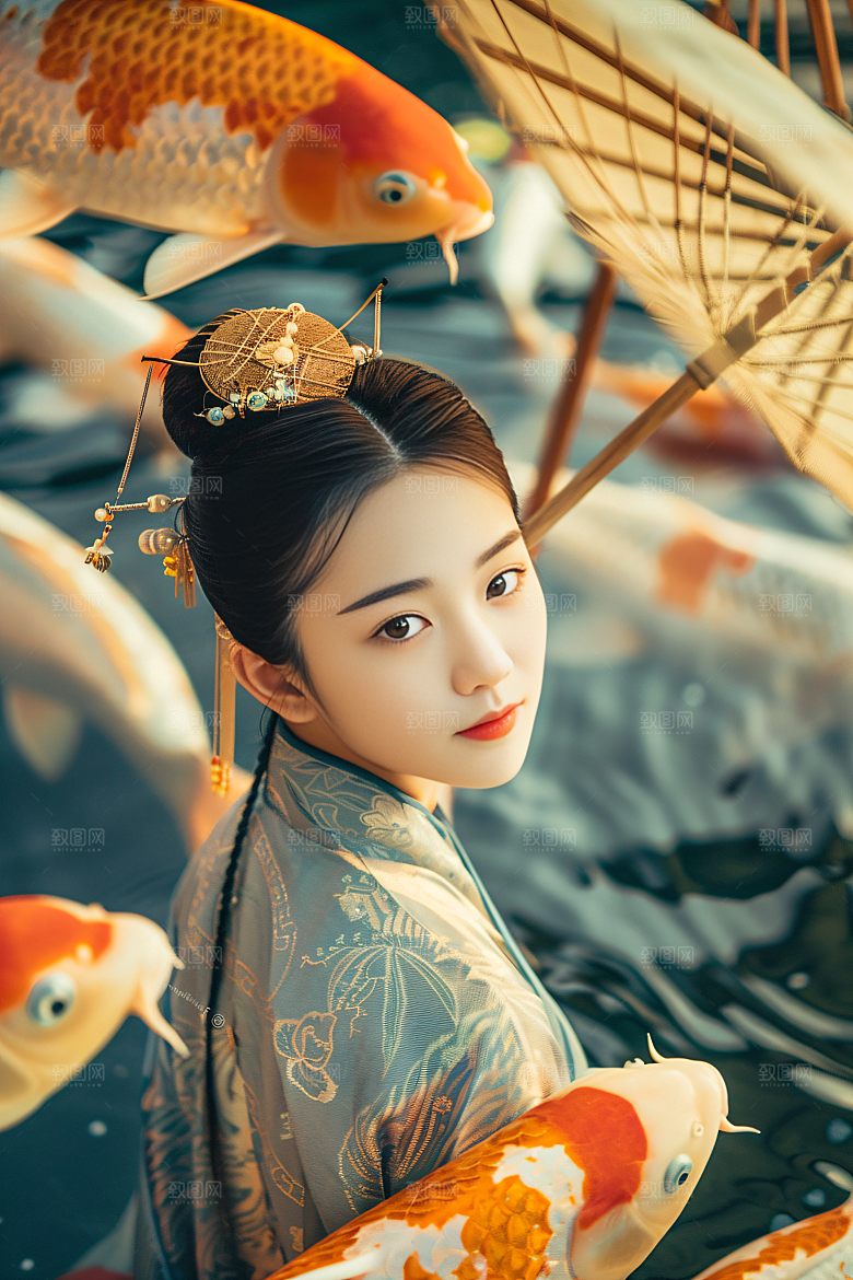 锦鲤汉服美女人像金鱼素材