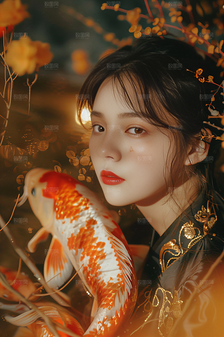 锦鲤汉服美女精致古风素材