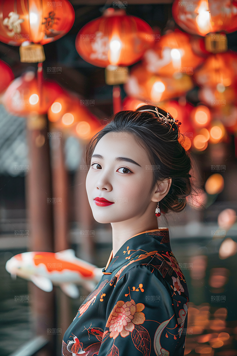锦鲤汉服美女唯美传统素材