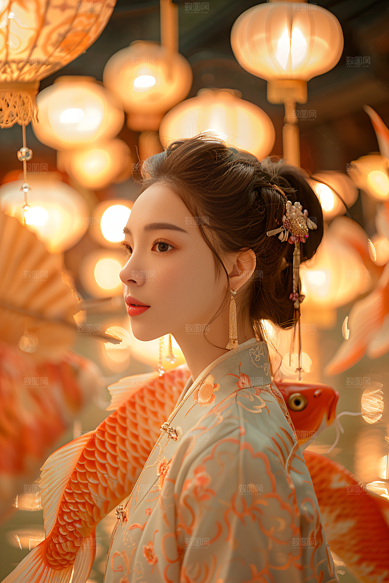 锦鲤汉服美女古风人像素材